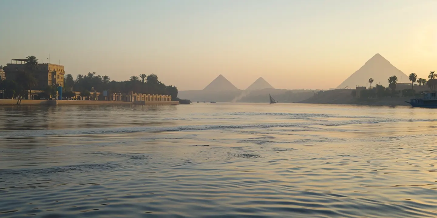 Nile River with Egyptian pyramids at sunset
